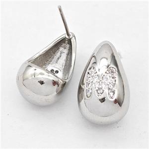 Copper Teardrop Stud Earring Pave Zirconia Letter-M Platinum Plated, approx 11-18mm [FN44517]