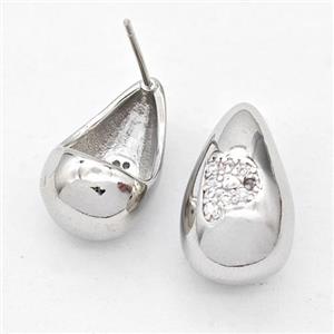 Copper Teardrop Stud Earring Pave Zirconia Letter-P Platinum Plated, approx 11-18mm [FN44520]