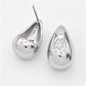 Copper Teardrop Stud Earring Pave Zirconia Letter-Q Platinum Plated, approx 11-18mm [FN44521]
