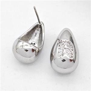 Copper Teardrop Stud Earring Pave Zirconia Letter-R Platinum Plated, approx 11-18mm [FN44522]