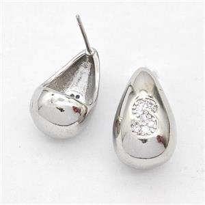 Copper Teardrop Stud Earring Pave Zirconia Letter-S Platinum Plated, approx 11-18mm [FN44523]