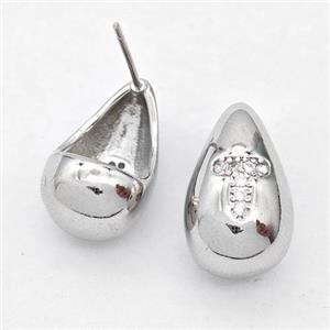 Copper Teardrop Stud Earring Pave Zirconia Letter-T Platinum Plated, approx 11-18mm [FN44524]