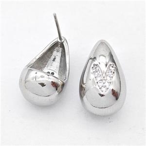 Copper Teardrop Stud Earring Pave Zirconia Letter-V Platinum Plated, approx 11-18mm [FN44526]