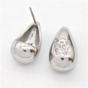 Copper Teardrop Stud Earring Pave Zirconia Letter-W Platinum Plated, approx 11-18mm [FN44527]