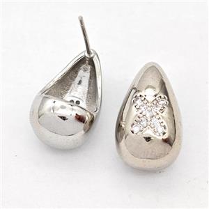 Copper Teardrop Stud Earring Pave Zirconia Letter-X Platinum Plated, approx 11-18mm [FN44528]