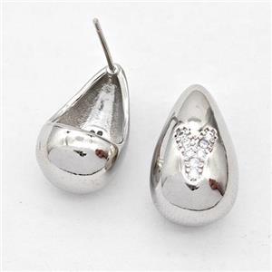 Copper Teardrop Stud Earring Pave Zirconia Letter-Y Platinum Plated, approx 11-18mm [FN44529]