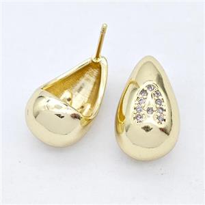 Copper Teardrop Stud Earring Pave Zirconia Letter-A Gold Plated, approx 11-18mm [FN44531]