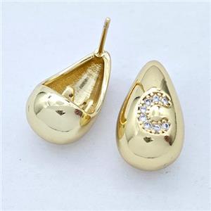 Copper Teardrop Stud Earring Pave Zirconia Letter-C Gold Plated, approx 11-18mm [FN44533]