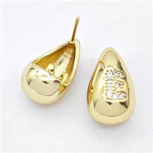 Copper Teardrop Stud Earring Pave Zirconia Letter-E Gold Plated, approx 11-18mm [FN44535]