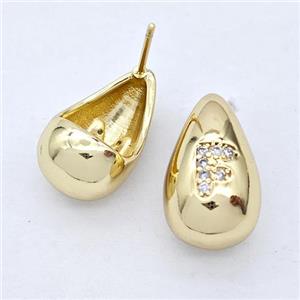 Copper Teardrop Stud Earring Pave Zirconia Letter-F Gold Plated, approx 11-18mm [FN44536]