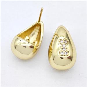 Copper Teardrop Stud Earring Pave Zirconia Letter-I Gold Plated, approx 11-18mm [FN44539]