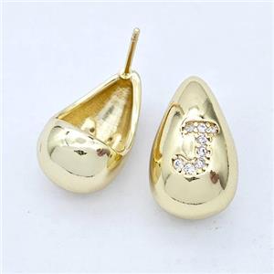 Copper Teardrop Stud Earring Pave Zirconia Letter-J Gold Plated, approx 11-18mm [FN44540]