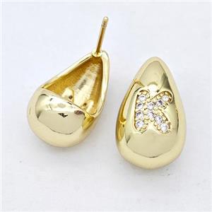 Copper Teardrop Stud Earring Pave Zirconia Letter-K Gold Plated, approx 11-18mm [FN44541]