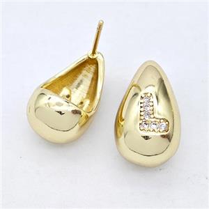 Copper Teardrop Stud Earring Pave Zirconia Letter-L Gold Plated, approx 11-18mm [FN44542]