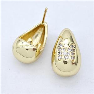 Copper Teardrop Stud Earring Pave Zirconia Letter-M Gold Plated, approx 11-18mm [FN44543]