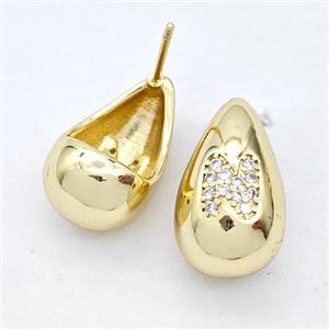 Copper Teardrop Stud Earring Pave Zirconia Letter-N Gold Plated, approx 11-18mm [FN44544]
