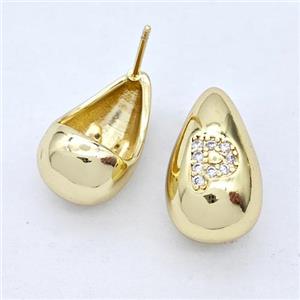 Copper Teardrop Stud Earring Pave Zirconia Letter-P Gold Plated, approx 11-18mm [FN44546]