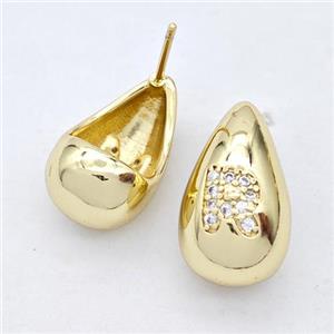 Copper Teardrop Stud Earring Pave Zirconia Letter-R Gold Plated, approx 11-18mm [FN44548]