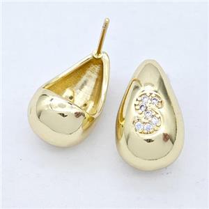 Copper Teardrop Stud Earring Pave Zirconia Letter-S Gold Plated, approx 11-18mm [FN44549]
