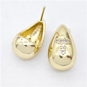 Copper Teardrop Stud Earring Pave Zirconia Letter-T Gold Plated, approx 11-18mm [FN44550]