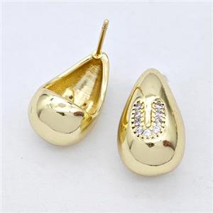 Copper Teardrop Stud Earring Pave Zirconia Letter-U Gold Plated, approx 11-18mm [FN44551]