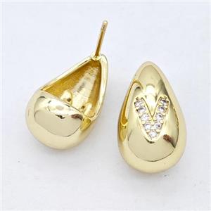 Copper Teardrop Stud Earring Pave Zirconia Letter-V Gold Plated, approx 11-18mm [FN44552]