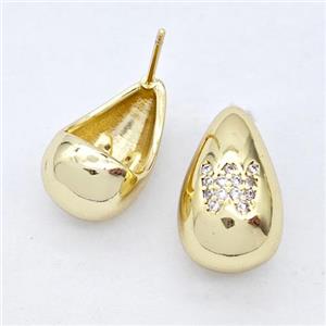 Copper Teardrop Stud Earring Pave Zirconia Letter-W Gold Plated, approx 11-18mm [FN44553]