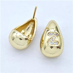 Copper Teardrop Stud Earring Pave Zirconia Letter-Z Gold Plated, approx 11-18mm [FN44556]