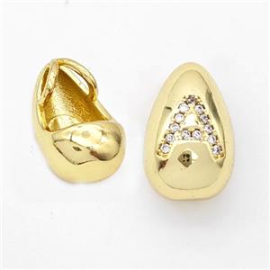 Copper Teardrop Pendant Pave Zirconia Letter-A Gold Plated, approx 11-18mm, 3mm hole [FN44557]