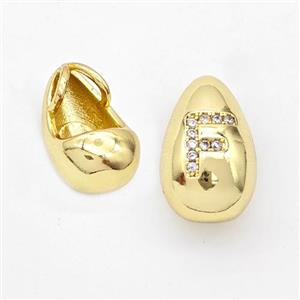 Copper Teardrop Pendant Pave Zirconia Letter-F Gold Plated, approx 11-18mm, 3mm hole [FN44562]
