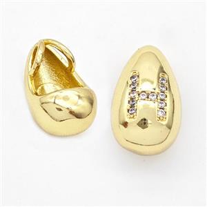 Copper Teardrop Pendant Pave Zirconia Letter-H Gold Plated, approx 11-18mm, 3mm hole [FN44564]