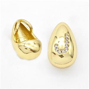 Copper Teardrop Pendant Pave Zirconia Letter-J Gold Plated, approx 11-18mm, 3mm hole [FN44566]