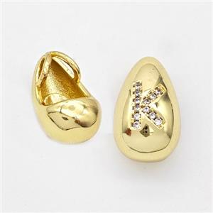 Copper Teardrop Pendant Pave Zirconia Letter-K Gold Plated, approx 11-18mm, 3mm hole [FN44567]