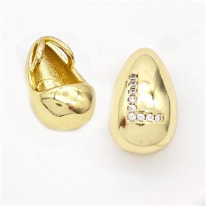 Copper Teardrop Pendant Pave Zirconia Letter-L Gold Plated, approx 11-18mm, 3mm hole [FN44568]