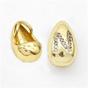 Copper Teardrop Pendant Pave Zirconia Letter-N Gold Plated, approx 11-18mm, 3mm hole [FN44570]