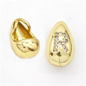 Copper Teardrop Pendant Pave Zirconia Letter-R Gold Plated, approx 11-18mm, 3mm hole [FN44574]