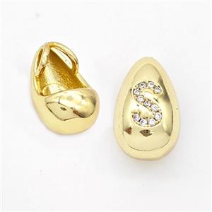 Copper Teardrop Pendant Pave Zirconia Letter-S Gold Plated, approx 11-18mm, 3mm hole [FN44575]