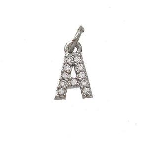 Copper Pendant Pave Zirconia Letter-A Platinum Plated, approx 6-9mm [FN44620]