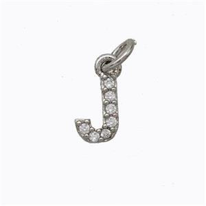 Copper Pendant Pave Zirconia Letter-J Platinum Plated, approx 6-9mm [FN44629]