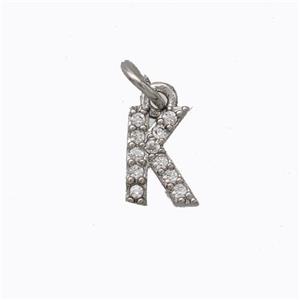 Copper Pendant Pave Zirconia Letter-K Platinum Plated, approx 6-9mm [FN44630]