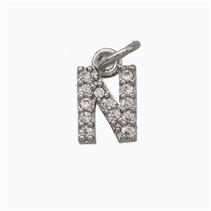 Copper Pendant Pave Zirconia Letter-N Platinum Plated, approx 6-9mm [FN44633]