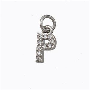 Copper Pendant Pave Zirconia Letter-P Platinum Plated, approx 6-9mm [FN44635]