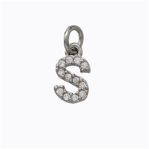 Copper Pendant Pave Zirconia Letter-S Platinum Plated, approx 6-9mm [FN44638]