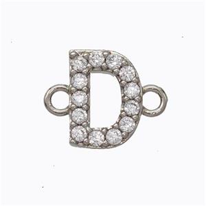 Copper Connector Pave Zirconia Letter-D Platinum Plated, approx 8-9mm [FN44677]