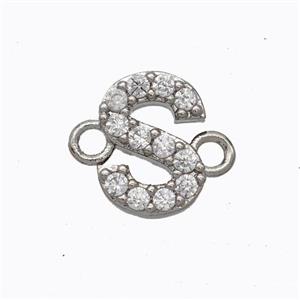 Copper Connector Pave Zirconia Letter-S Platinum Plated, approx 8-9mm [FN44692]