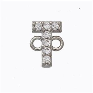 Copper Connector Pave Zirconia Letter-T Platinum Plated, approx 8-9mm [FN44693]
