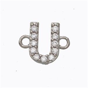 Copper Connector Pave Zirconia Letter-U Platinum Plated, approx 8-9mm [FN44694]