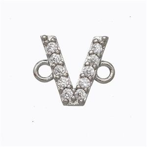 Copper Connector Pave Zirconia Letter-V Platinum Plated, approx 8-9mm [FN44695]