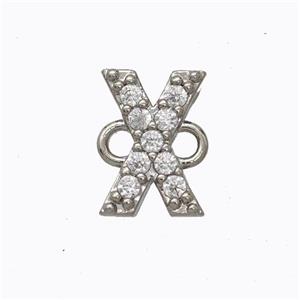 Copper Connector Pave Zirconia Letter-X Platinum Plated, approx 8-9mm [FN44697]