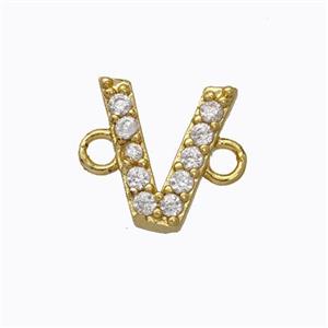 Copper Connector Pave Zirconia Letter-V Gold Plated, approx 8-9mm [FN44722]